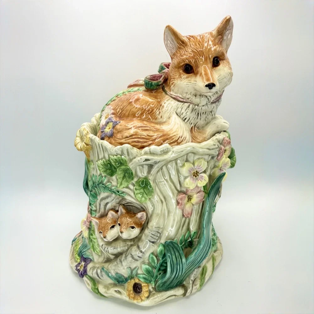 Fitz and Floyd Woodland Spring Fox Cookie Jar Vintage Tree Stump Cottagecore 10